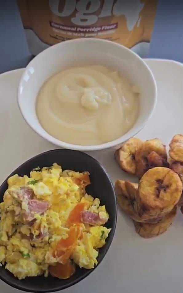 Yellow Ogi with Veggie Omelet & Fried Plantains (Dodo) - This soulful trio of Poshy Yellow Ogi, fluffy fried eggs, and golden Dodo brings back memories of ho...